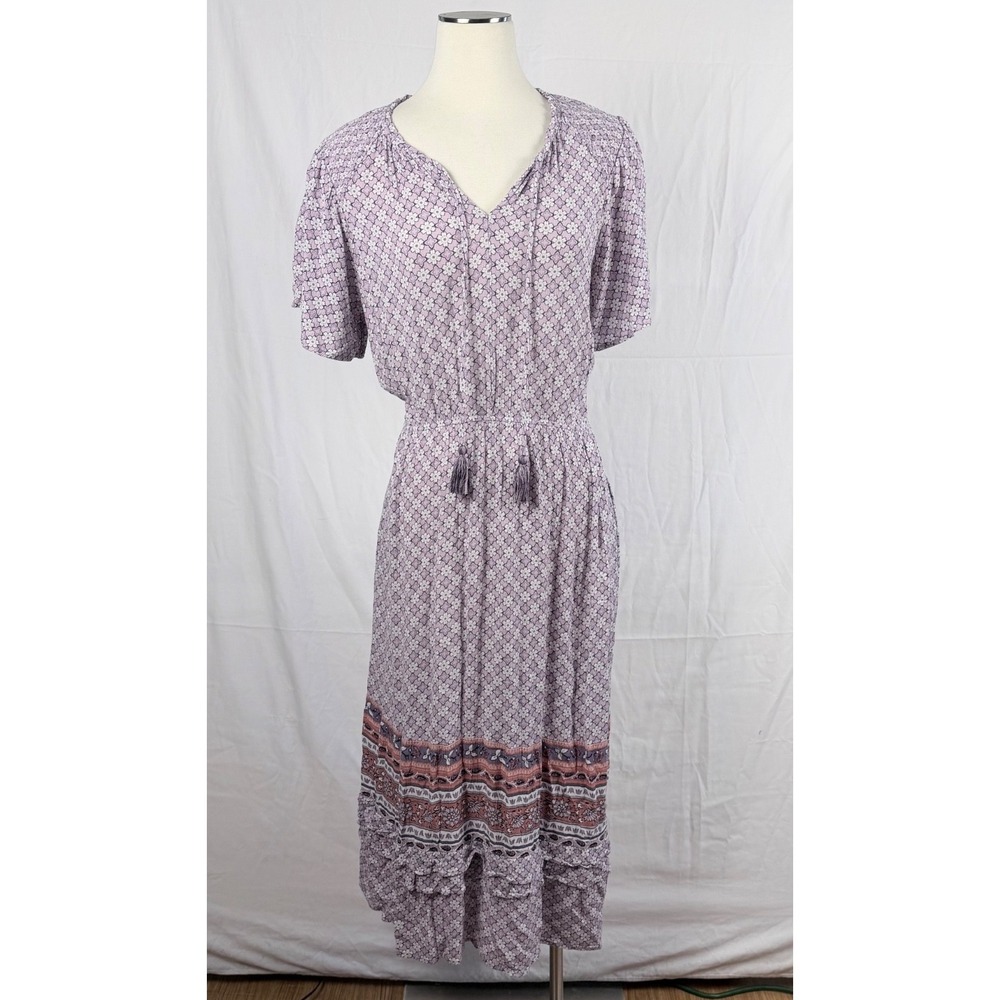 Knox Rose Lilac Floral Maxi Dress L Tiered Tassel Smocked Boho Cottage Prairie - Picture 2 of 11